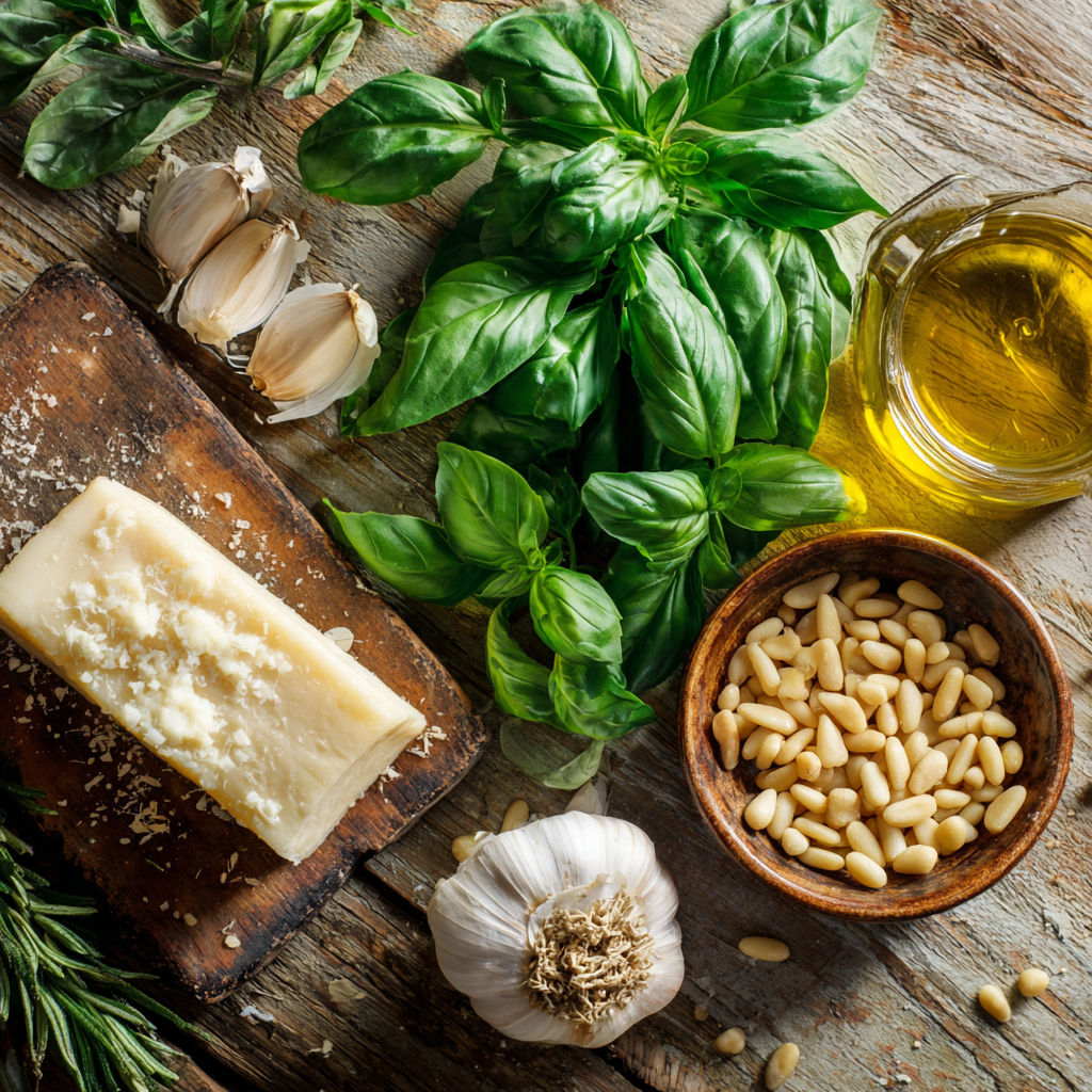 생바질, 잣, 마늘, 치즈, 올리브유가 나란히 놓인 재료 사진