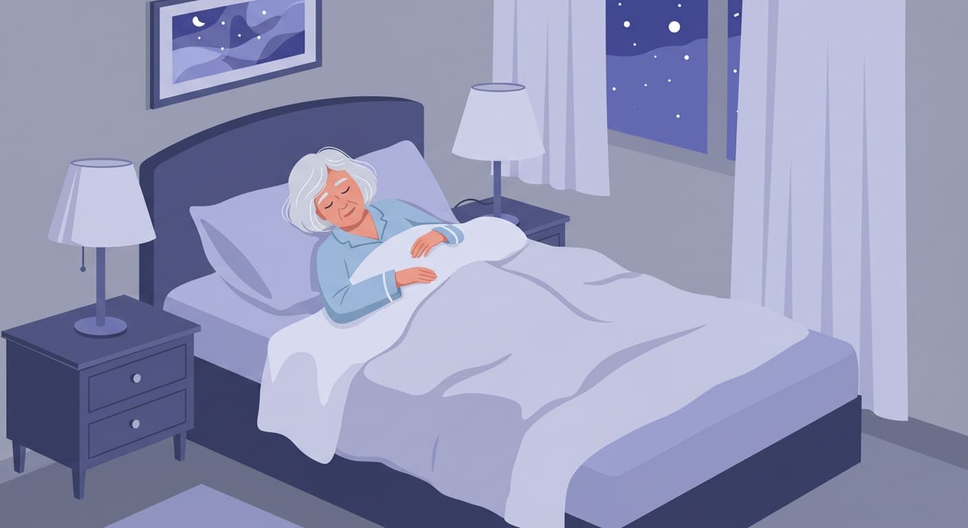 밤에 편안하게 잠을 자고 있는 노인 여성