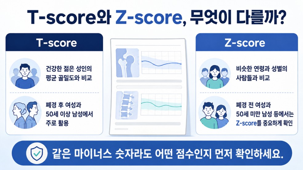 골다공증 골밀도 검사에서 T-score와 Z-score의 비교 대상과 의미 차이