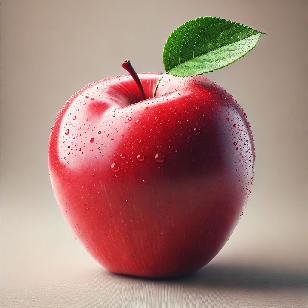 붉고 윤기나는 사과의 극사실 이미지로, 사과 표면에는 물방울이 맺혀있고, 약간의 결함이 보이는 자연스러운 피부 질감이 표현되어 있습니다. 사과 꼭지에는 초록색 잎이 달려 있으며, 배경은 단순하고 중립적인 색상으로 사과의 생생한 색감을 돋보이게 하고 있습니다.