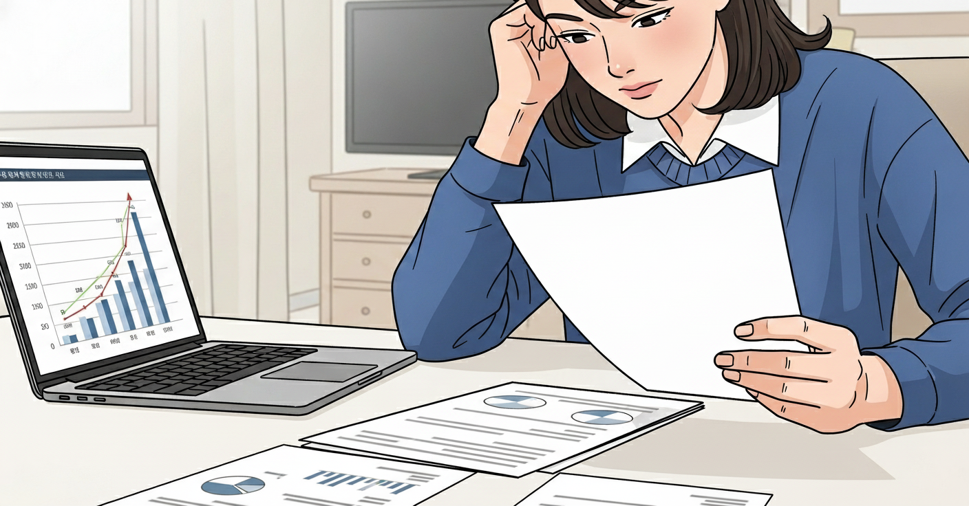 젊은 한국인이 노트북 화면과 '취득세 감면', '정책 대출' 서류를 꼼꼼히 검토하는 모습. 세금 혜택과 정책 대출을 이해하며 내 집 마련 비용을 절감하는 것을 상징한다.