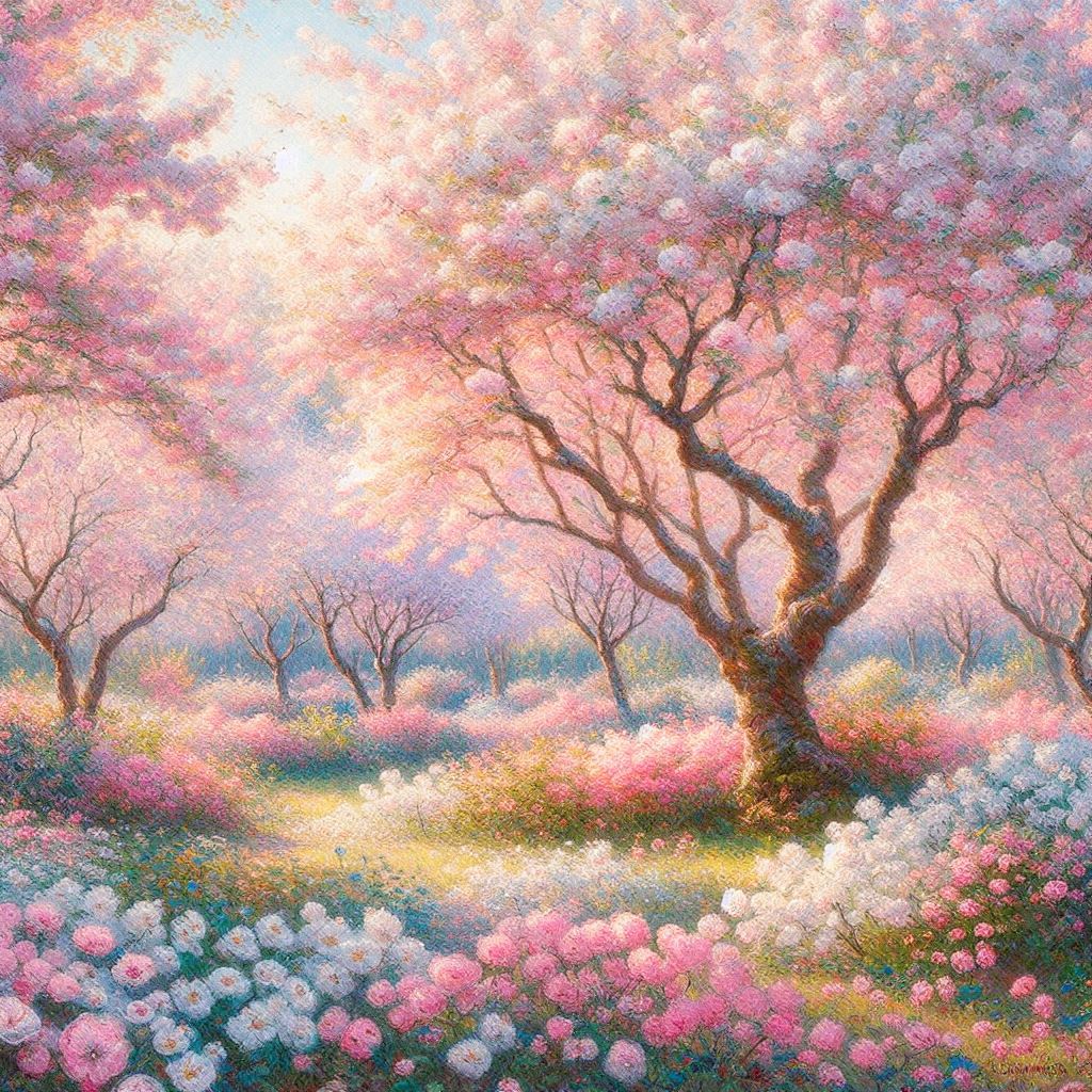 만개한 벚꽃 정원, 클로드 모네 스타일, 인상주의, 부드러운 아침 햇살, 파스텔 핑크와 화이트