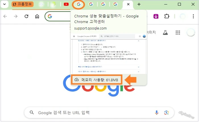 탭 미리보기 이미지 하단에 표시되는 메모리 사용량을 확인합니다.