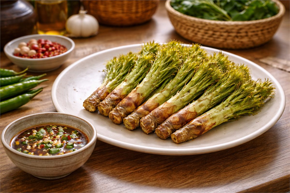 담백하게 데친 엄나무순과 소스를 함께 담은 건강한 봄 반찬 