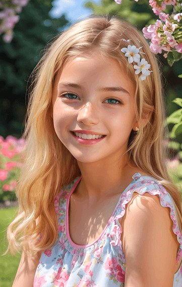 긴 금발머리 소녀가 머리에 하얀꽃 두 송이를 달고 정면을 바라본다. 나시 여름 원피스를 입었다.