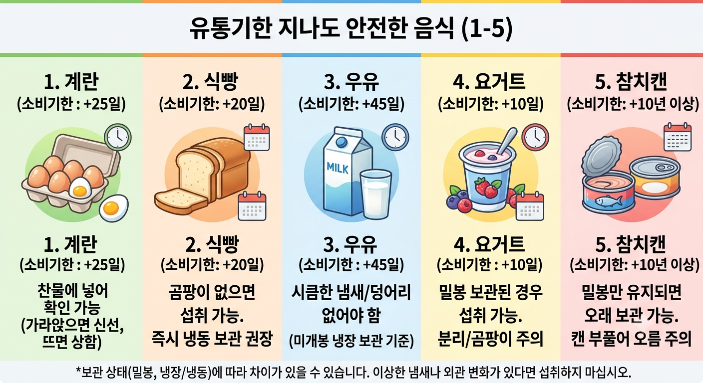 유통기한이 지나도 안전하게 먹을 수 있는 음식 1번부터 5번까지 정리한 인포그래픽 이미지. 상단에는 '유통기한 지나도 안전한 음식 (1-5)'이라는 제목이 적혀 있고, 아래로 5개의 칸에 각각 음식 일러스트와 소비기한, 판별법이 정리되어 있습니다. 1번 계란(소비기한 +25일, 찬물에 넣어 판별), 2번 식빵(소비기한 +20일, 곰팡이 없으면 섭취 가능 및 냉동 권장), 3번 우유(소비기한 +45일, 시큼한 냄새나 덩어리 없을 것), 4번 요거트(소비기한 +10일, 밀봉 보관 시 가능하며 분리 및 곰팡이 주의), 5번 참치캔(소비기한 +10년 이상, 밀봉 유지 시 장기 보관 가능 및 캔 부풀어 오름 주의)의 내용이 포함되어 있습니다. 하단에는 보관 상태에 따라 차이가 있을 수 있다는 유의사항 문구가 적혀 있습니다.
