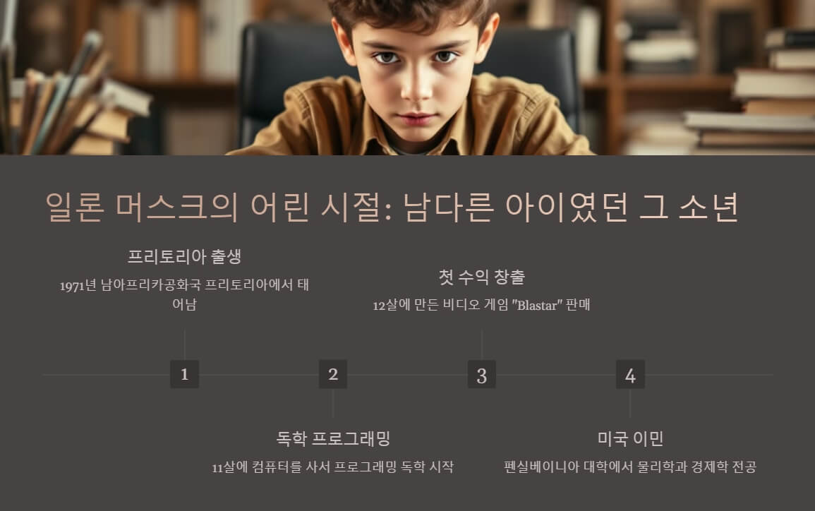 어린 소년이 책으로 가득 찬 방에서 진지한 표정으로 정면을 바라보고 있는 모습. 그의 뒤에는 지식과 호기심을 상징하는 책장이 가득합니다.