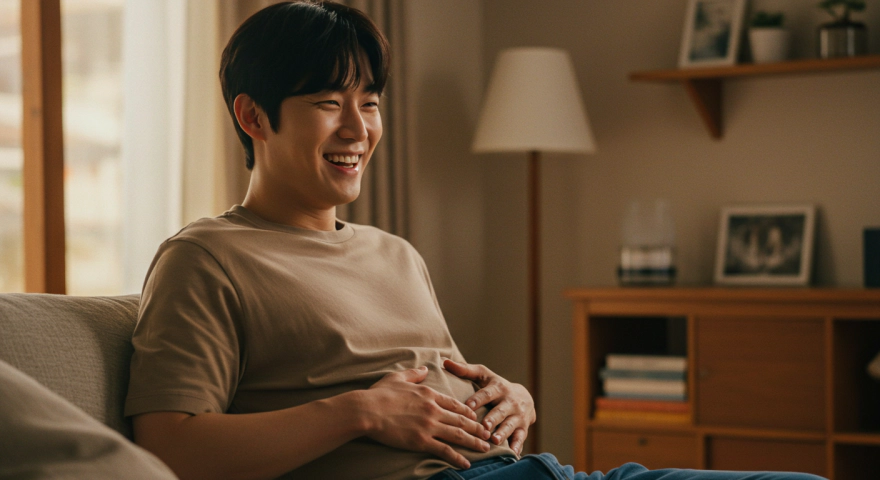 속이 편안한 표정의 남성