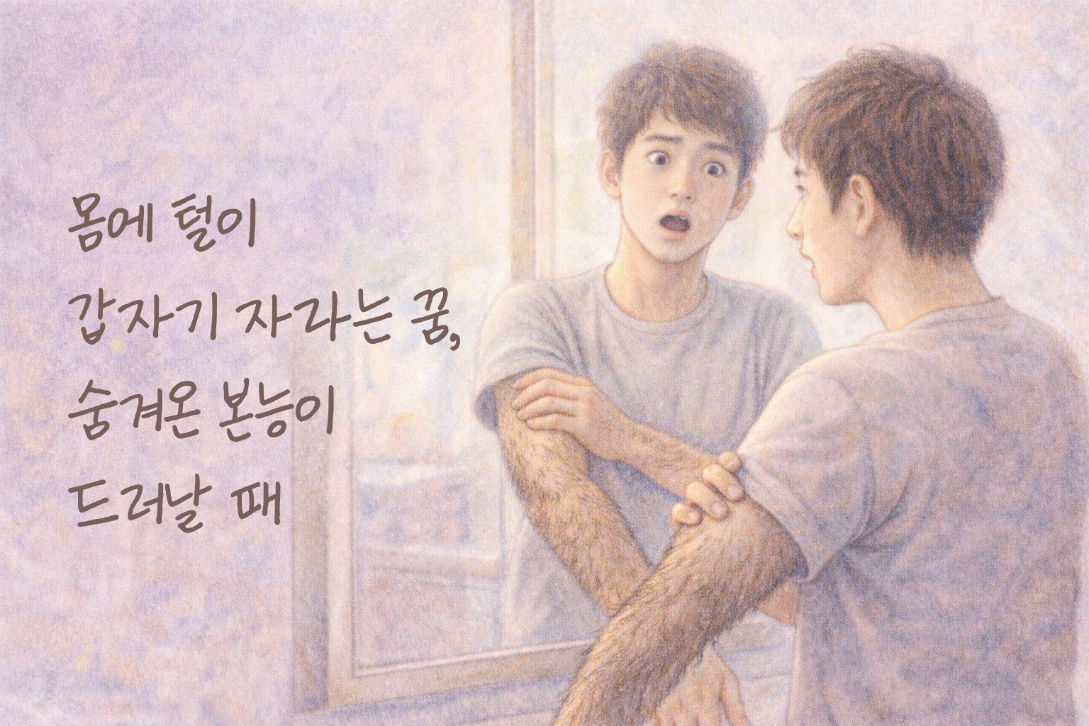 거울 앞에서 팔에 갑자기 난 털을 놀란 표정으로 바라보는 남성의 색연필 질감 일러스트