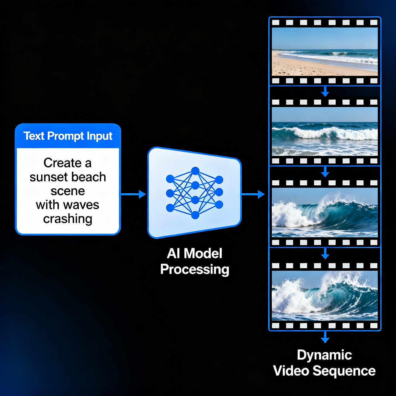 텍스트에서 영상으로 변환되는 과정을 시각적으로 보여주는 일러스트레이션