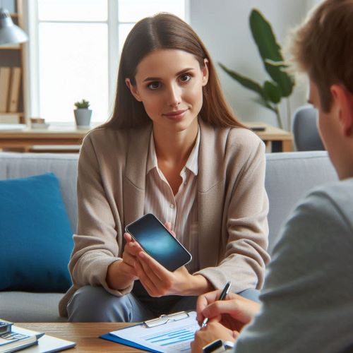 행위중독예방전문요원 이미지. 청소년과 스마트폰 중독에 대해 상담하고 있다.
