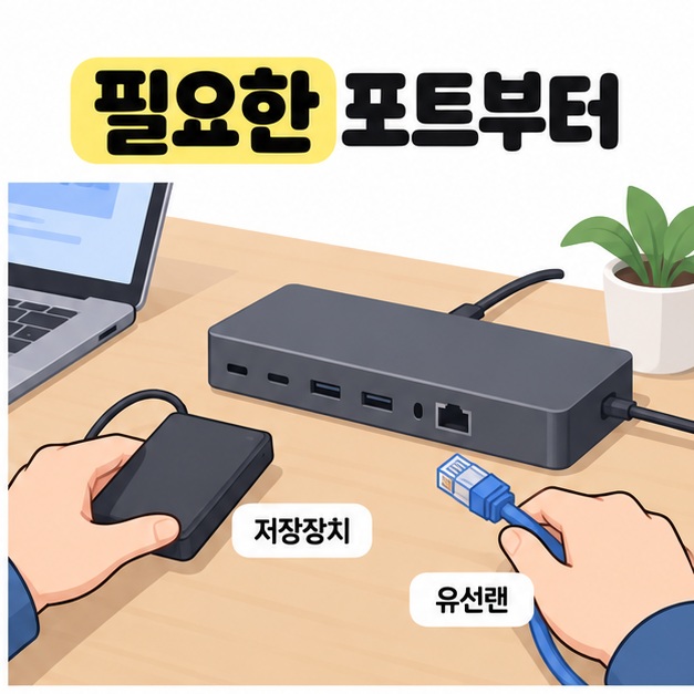 필요한 포트부터라는 제목 아래 독의 연결 단자를 보며 저장장치와 유선랜 케이블을 손에 든 모습