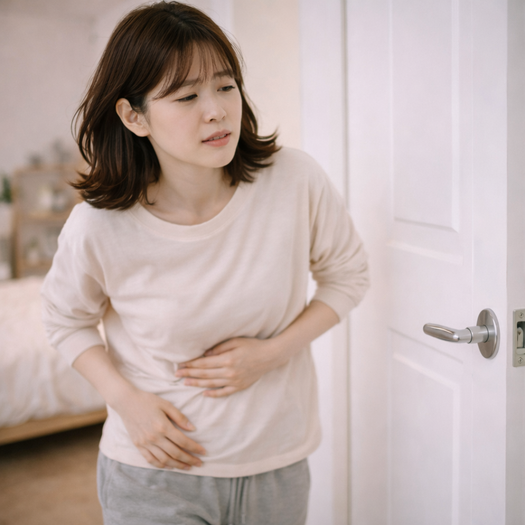 장염으로 급하게 화장실을 찾는 상황을 자연스럽게 표현한 이미지