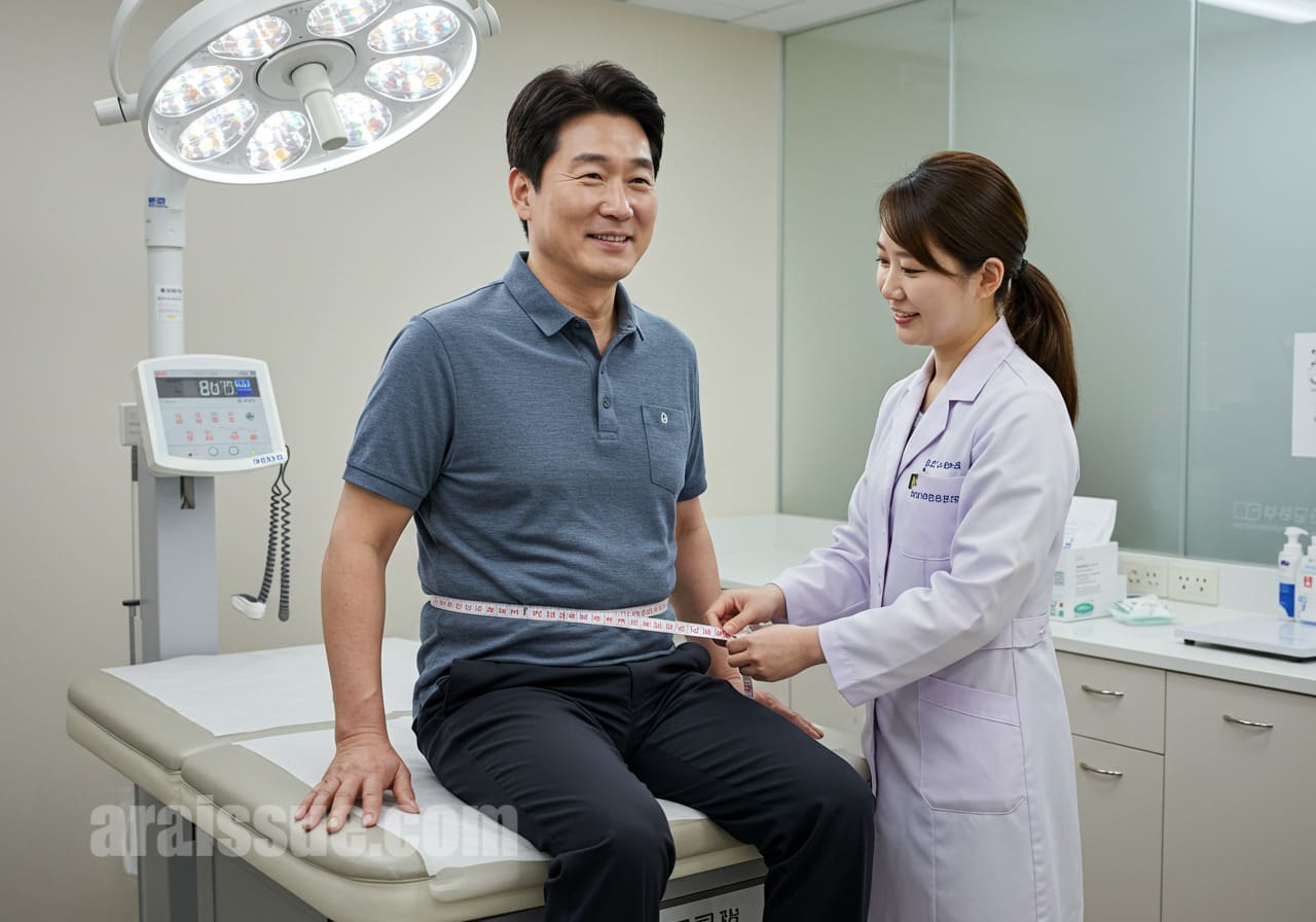 40대 한국 남성이 현대적인 병원에서 BMI와 허리둘레를 측정받는 모습. 의료기기가 배경에 있으며, 검진을 받는 모습입니다.