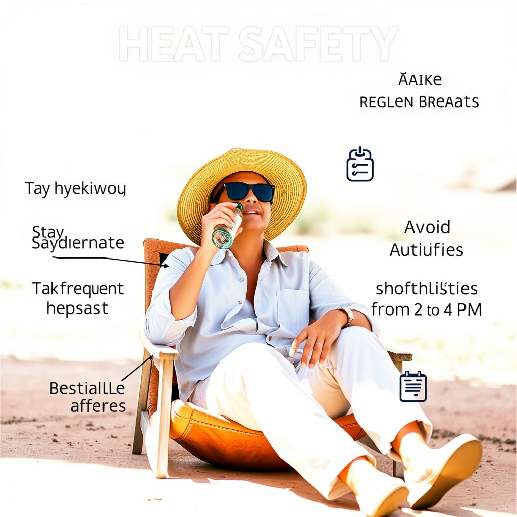 밝은 색상의 통풍 잘 되는 옷, 넓은 챙 모자, 선글라스 등을 착용한 사람이 그늘에서 휴식하며 물을 마시는 모습을 표현하고, 주변에 '수분 보충', '충분한 휴식', '오후 2-4시 외출 자제' 등의 텍스트나 아이콘을 추가합니다.