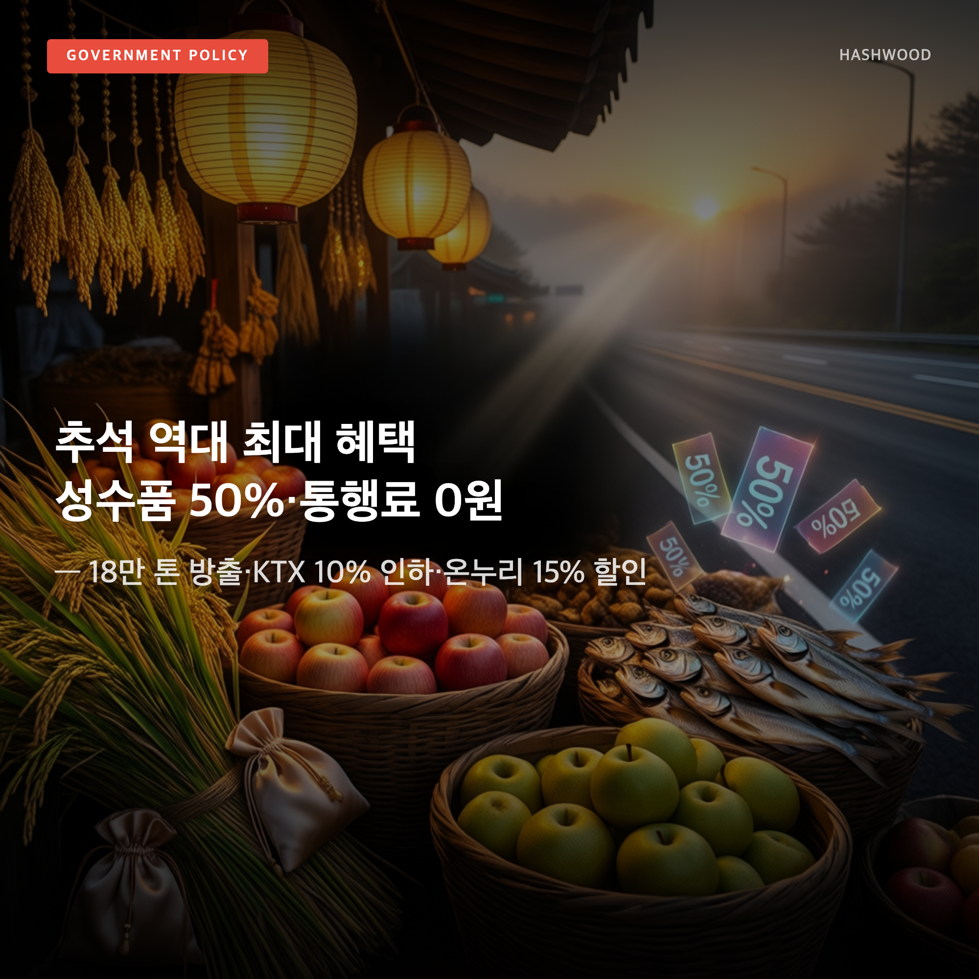 그림: 추석 역대 최대 혜택 성수품 50%·통행료 0원 — — 18만 톤 방출·KTX 10% 인하·온누리 15% 할인