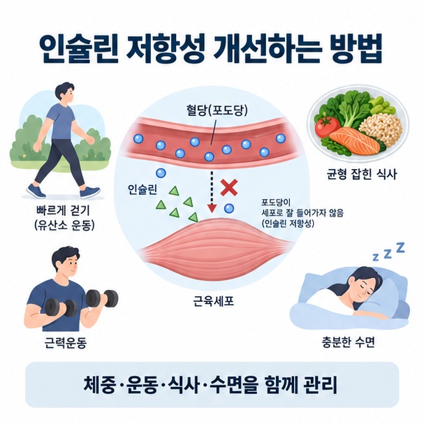 인슐린 저항성 개선하는 방법과 체중관리 운동 균형 식사를 함께 보여주는 교육용 이미지