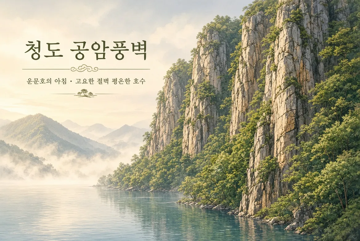 운문호 호수 위에 안개가 피어오르는 아침, 초록 숲이 우거진 높은 절벽이 병풍처럼 펼쳐진 청도 공암풍벽의 일러스트. 왼쪽 상단에 &lsquo;청도 공암풍벽&rsquo;과 &lsquo;운문호의 아침 &middot; 고요한 절벽 평온한 호수&rsquo;라는 한글 문구가 적혀 있다.