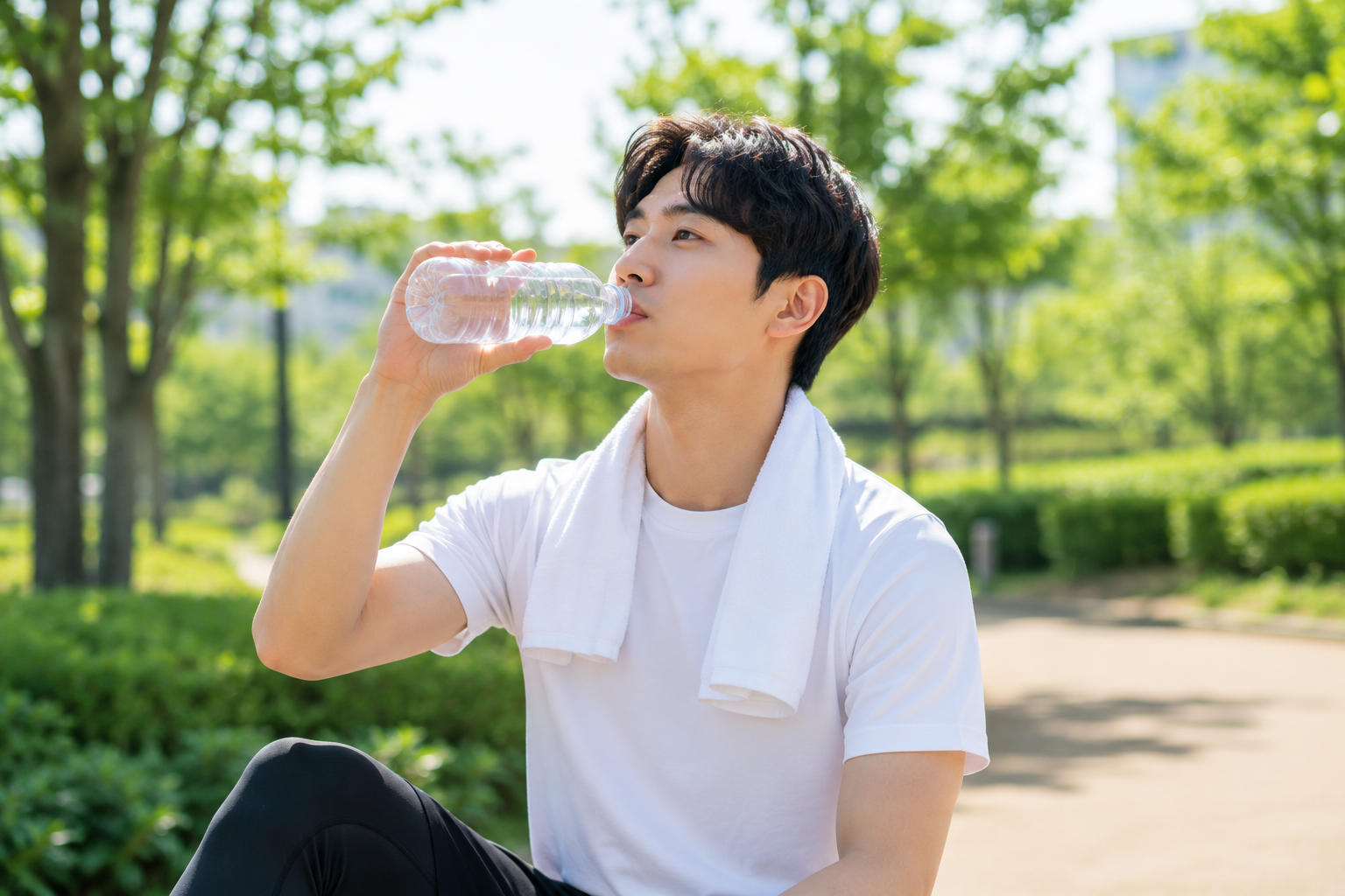 운동 후 물을 마시며 수분을 보충하는 모습