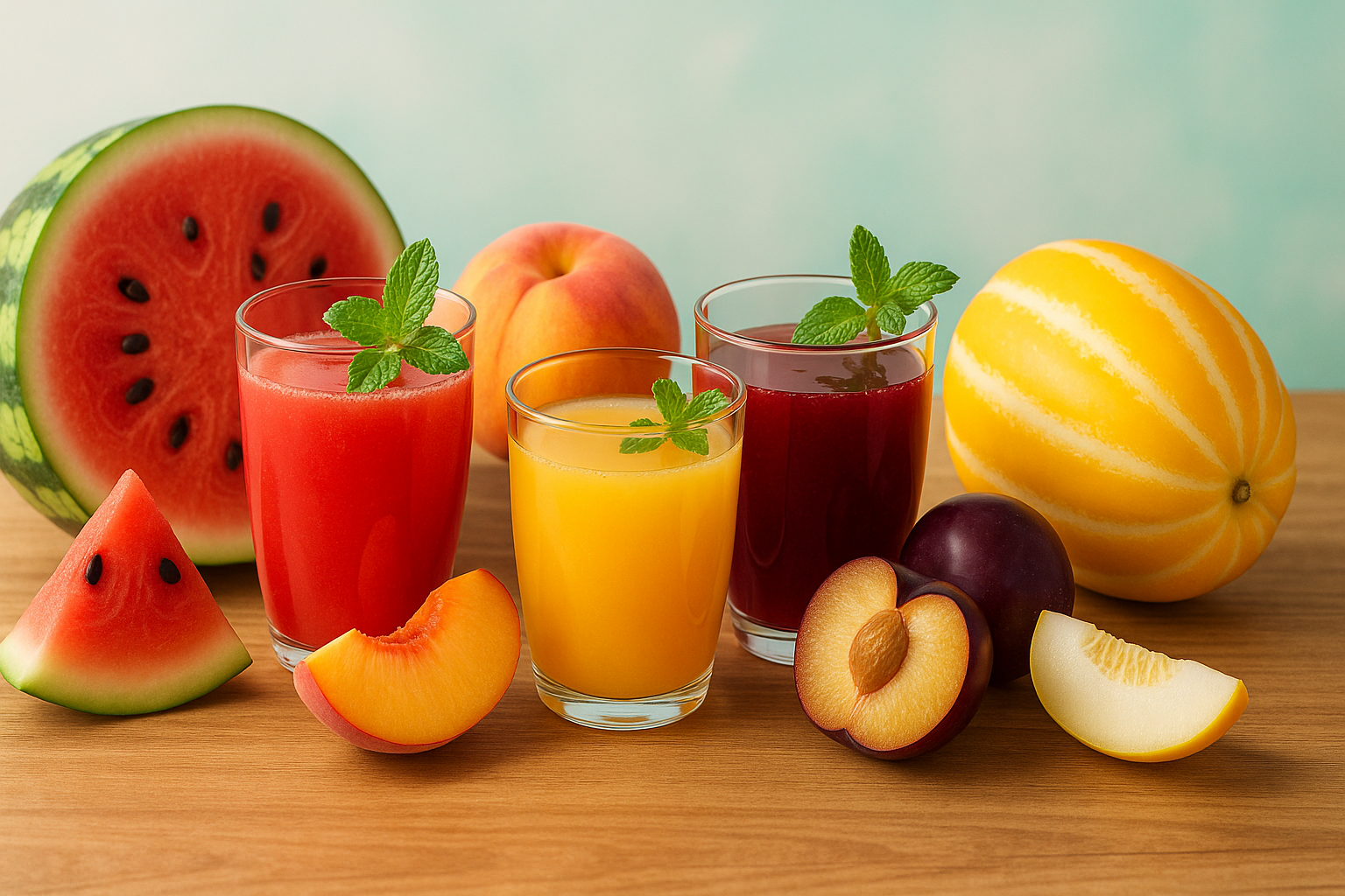 여름 제철 과일들(수박, 복숭아, 자두, 참외)이 아름답게 배치된 이미지