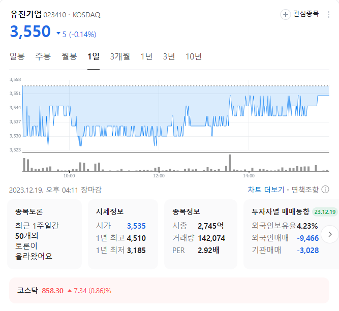유진기업 주가