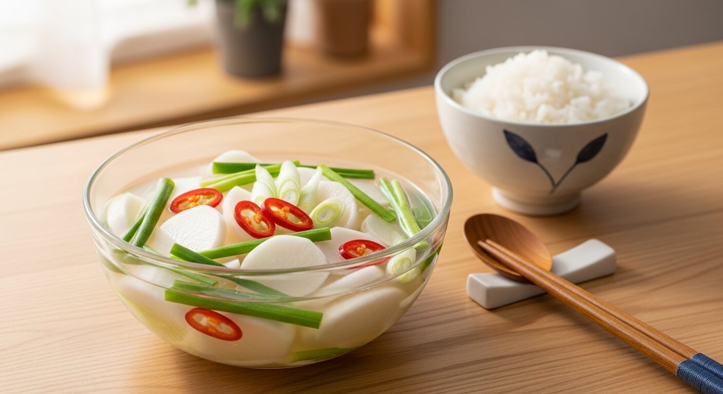 투명한 유리 그릇에 담긴 신선하고 시원한 동치미. 아삭한 무와 쪽파, 붉은 고추가 아름답게 어우러져 먹음직스러운 모습입니다.