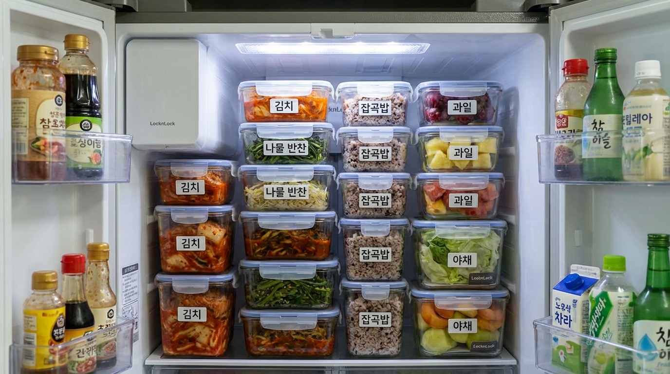 냉장고 안에 가지런히 쌓인 밀폐 용기 속 신선한 다이어트 도시락들