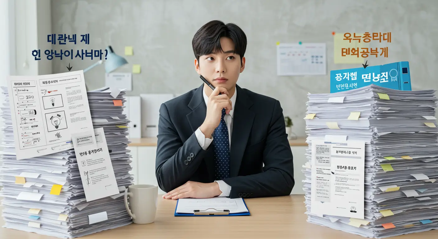 한 청년 창업가가 사업자등록 서류 더미와 정부 지원금 서류 더미 앞에서 고민하며, 어떤 지원 사업이 자신에게 유리한지 전략적으로 판단하는 모습