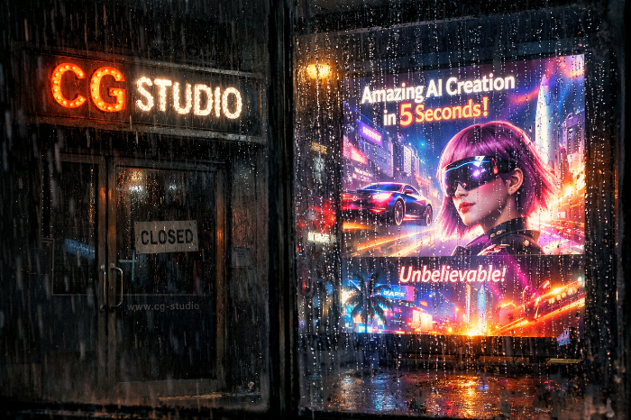 고정비를 이기지 못하고 도산하는 소규모 제작사와 대비되는 AI 영상의 화려함.