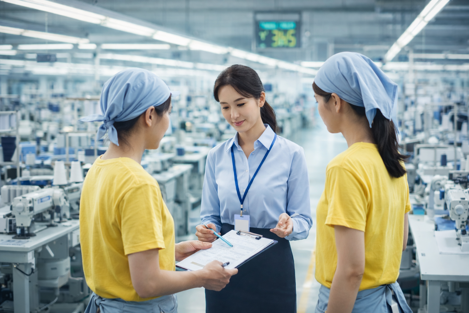 의류 공장에서 노란 티셔츠와 두건을 쓴 여공들과 생산 현황을 점검하는 여성 관리자