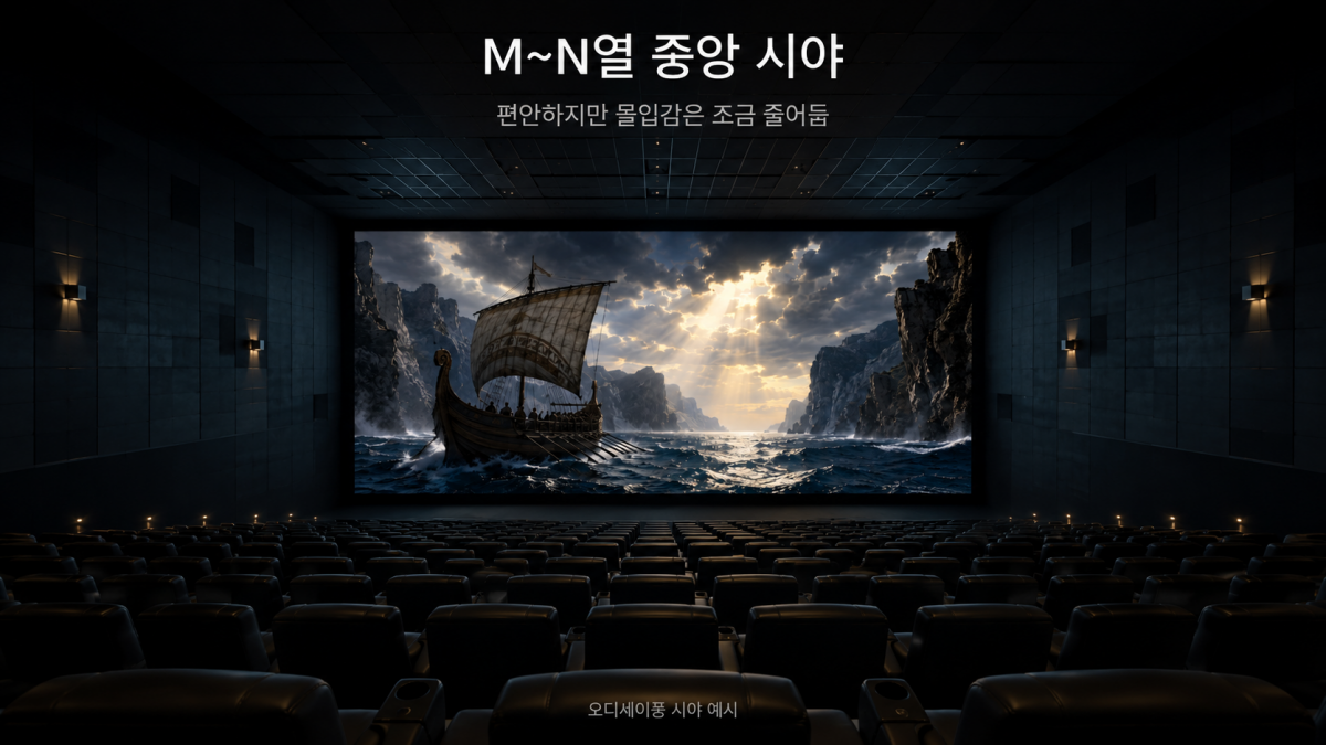 용산 아이맥스 M에서 N열 중앙 좌석에서 바라본 오디세이 편안한 시야 예시