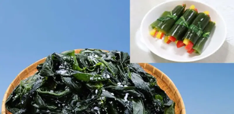 바구니에 담긴 다시마와 하얀 접시에 담긴 다시마 쌈 이미지.