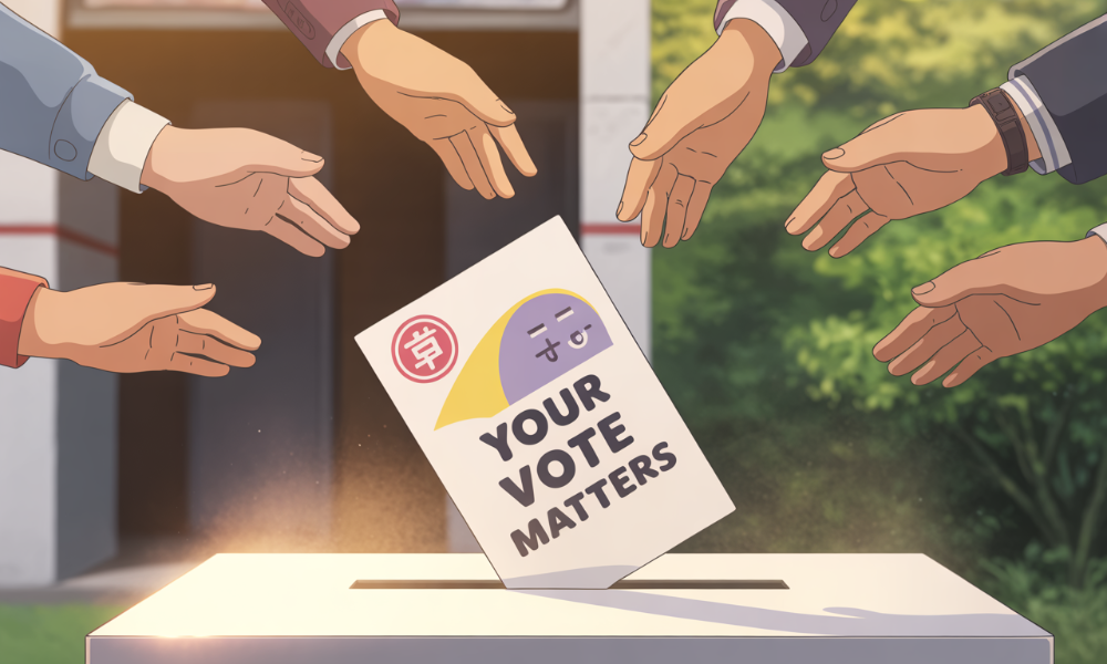 2025년 대선 맞이, MZ세대의 개성을 담은 투표 인증용지 인증샷. 빨간 도장이 찍힌 용지를 들고 있는 다양한 손들이 투표 참여의 즐거움을 표현합니다.