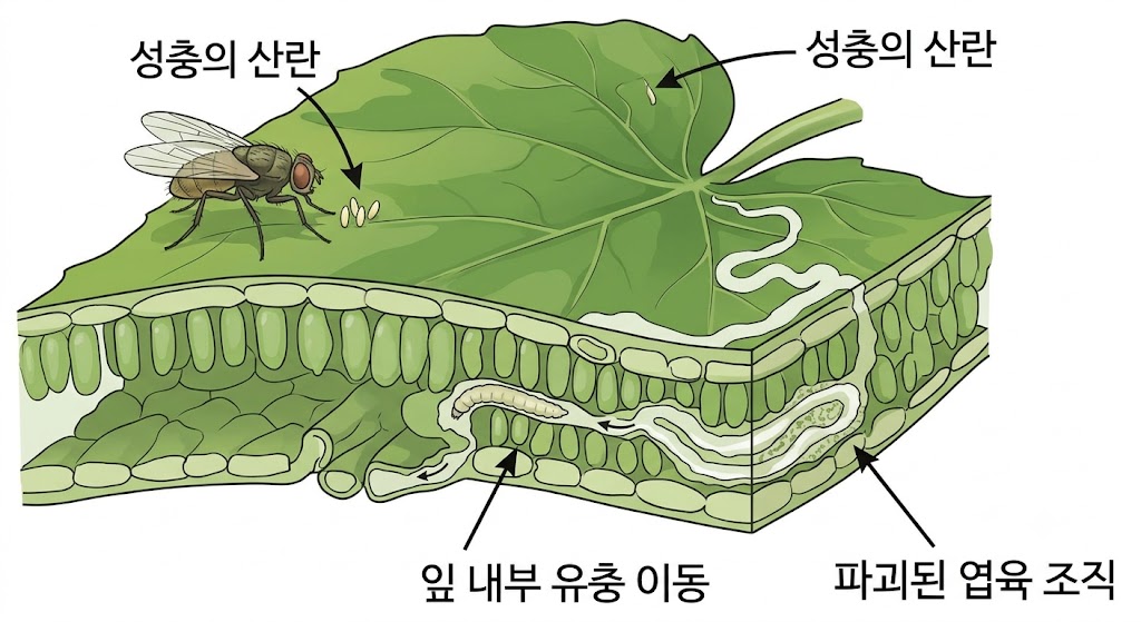 호박 오이 잎 표피 내부에서 잎굴파리 애벌레가 엽육을 먹어치우며 굴을 파는 과정을 보여주는 다이어그램