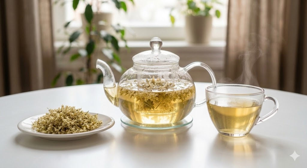 천연 해열제 성분이 풍부해 초기 감기 열을 내리고 알레르기 비염 증상을 즉각 완화하는 엘더플라워 꽃차