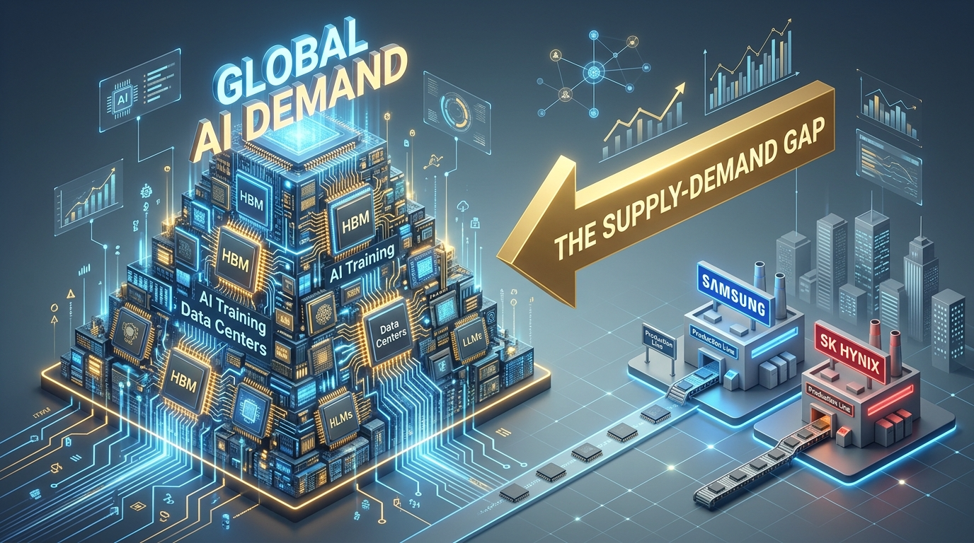 글로벌 AI 칩 수요는 폭발하는데 메모리 공급(삼성/하이닉스)은 턱없이 부족한 수급 불균형 인포그래픽