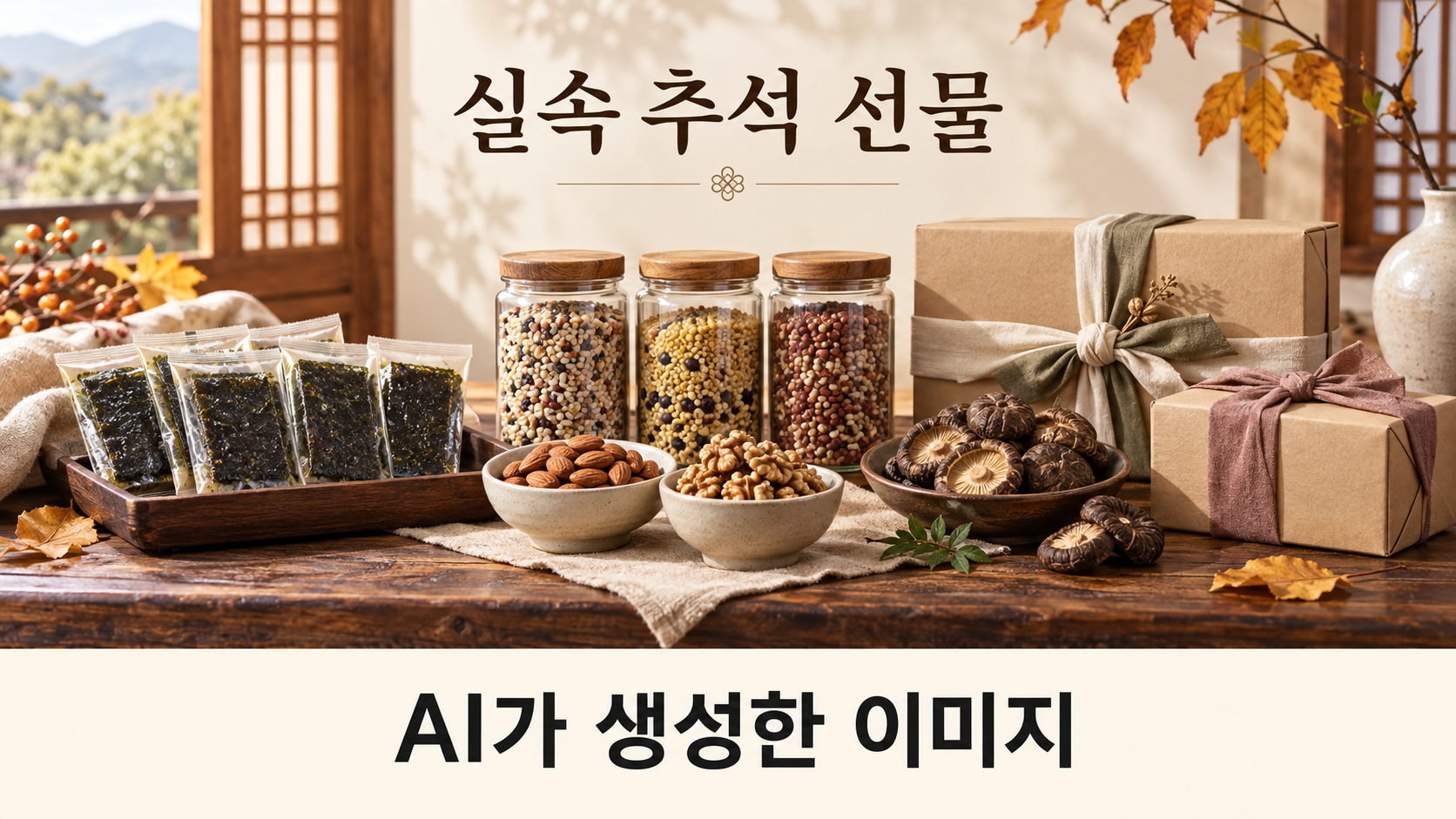 김, 곡물, 견과와 건버섯을 표현한 추석 선물 콘셉트 이미지