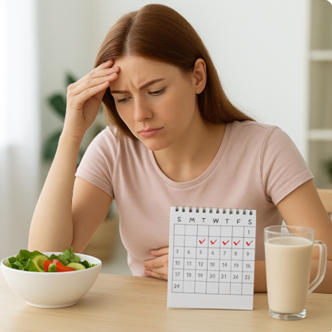 젊은 여성이 주방 테이블에서 샐러드와 단백질 쉐이크를 앞에 두고 달력을 보며 걱정하는 모습
