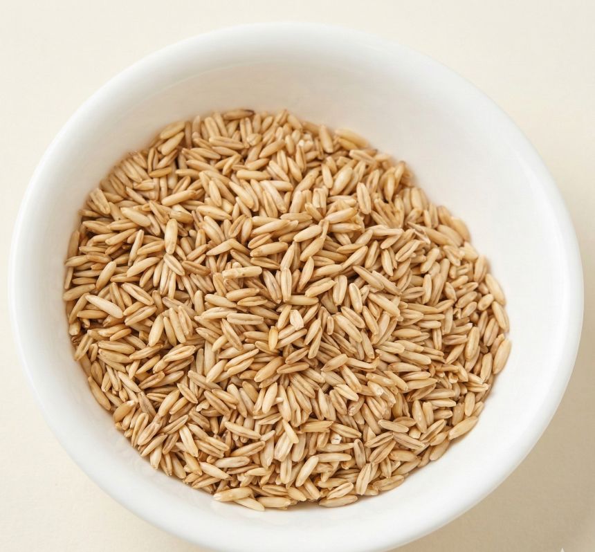 하얀 그릇에 담긴 밥 짓기용 가공 전 통귀리 원물