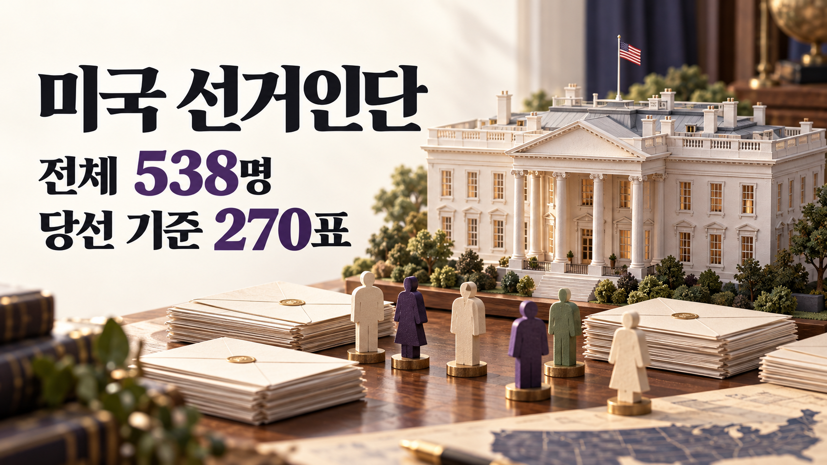백악관 모형과 투표 봉투로 미국 선거인단538명과 당선 기준270표를 표현한 장면