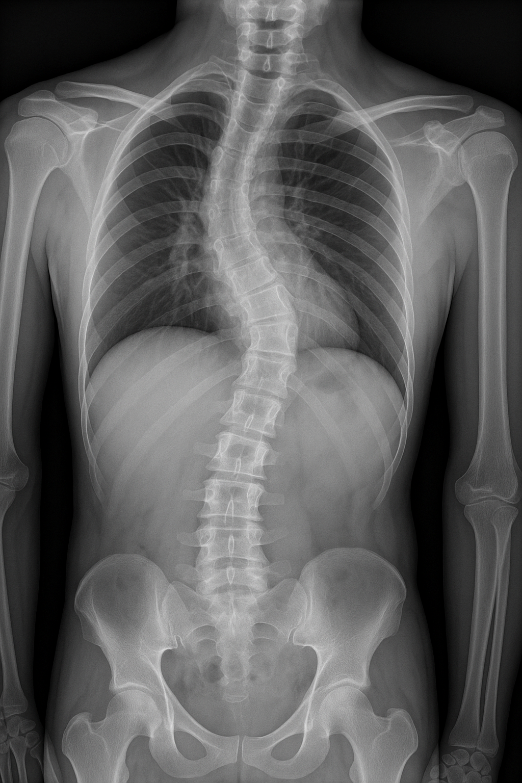 흉추측만증을 가진 남성의 X-ray 사진