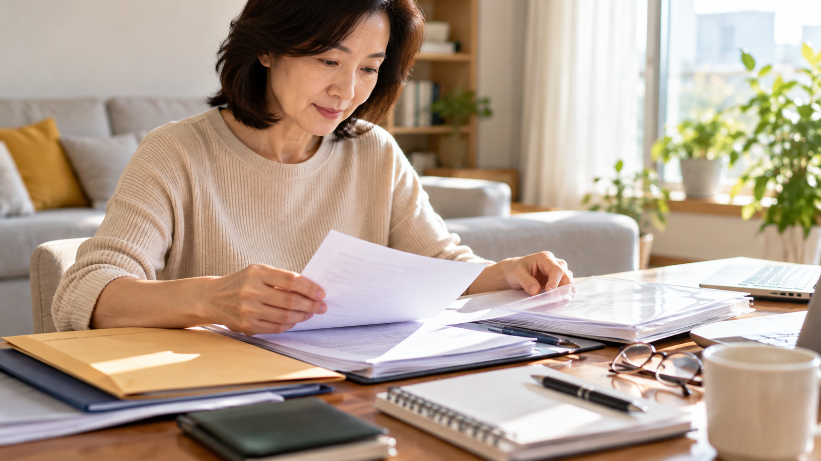 햇살이 드는 거실 책상에서 여성이 서류철과 종이를 펼쳐 반환일시금 신청 자료를 살펴보는 모습