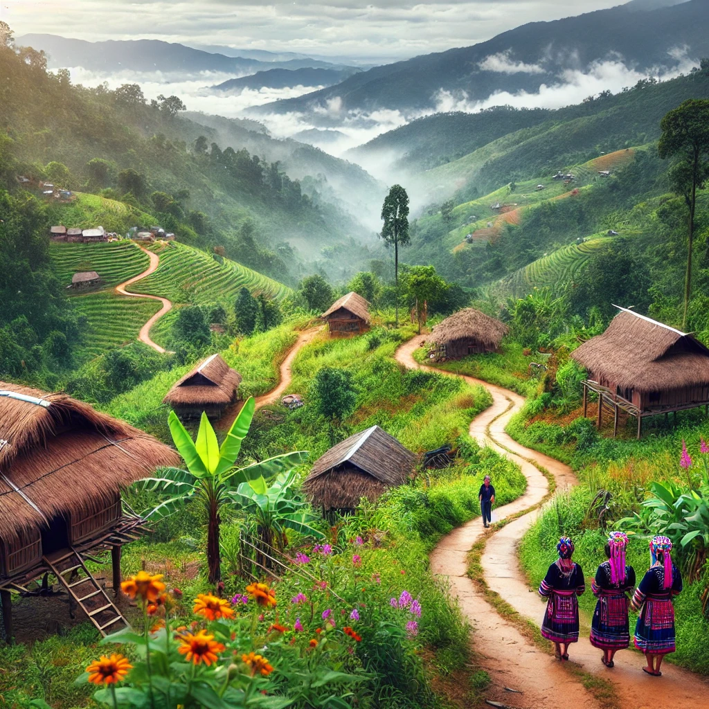 치앙마이 몽족 마을로 가는 푸른 산길과 전통 가옥의 모습