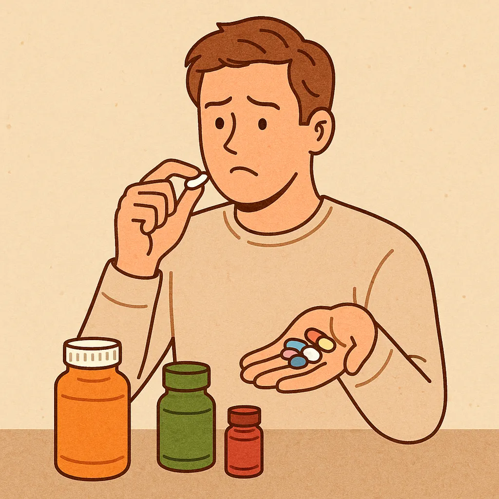 건강보조제를-여러-개-같이-복용해도-괜찮을지-고민하는-사람을-표현한-일러스트