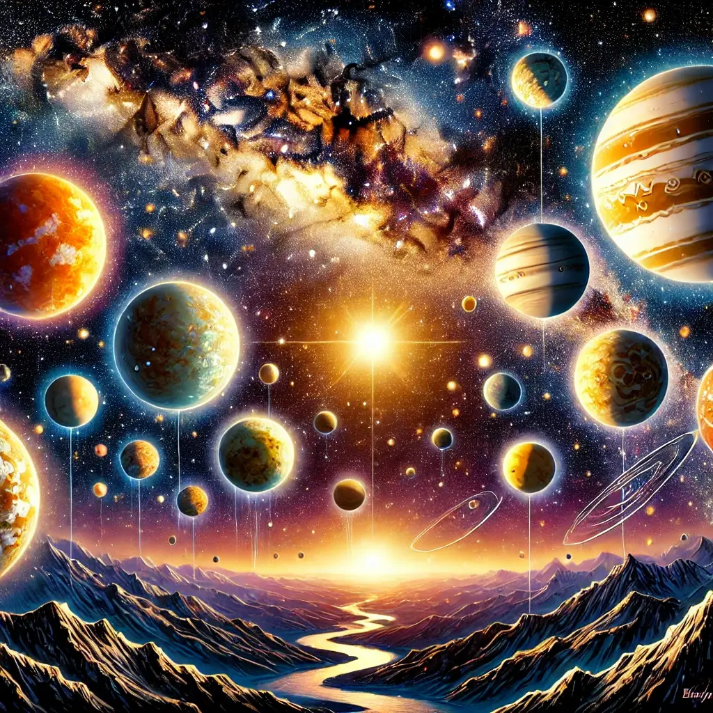 케플러 망원경이 발견한 외계행성들과 관련된 사진 우주의 모습과 수많은 별들이 뒤로 무수히 진열되어있으며, 앞에는 항성과 행성들의 모습이 부각되어져 있다.