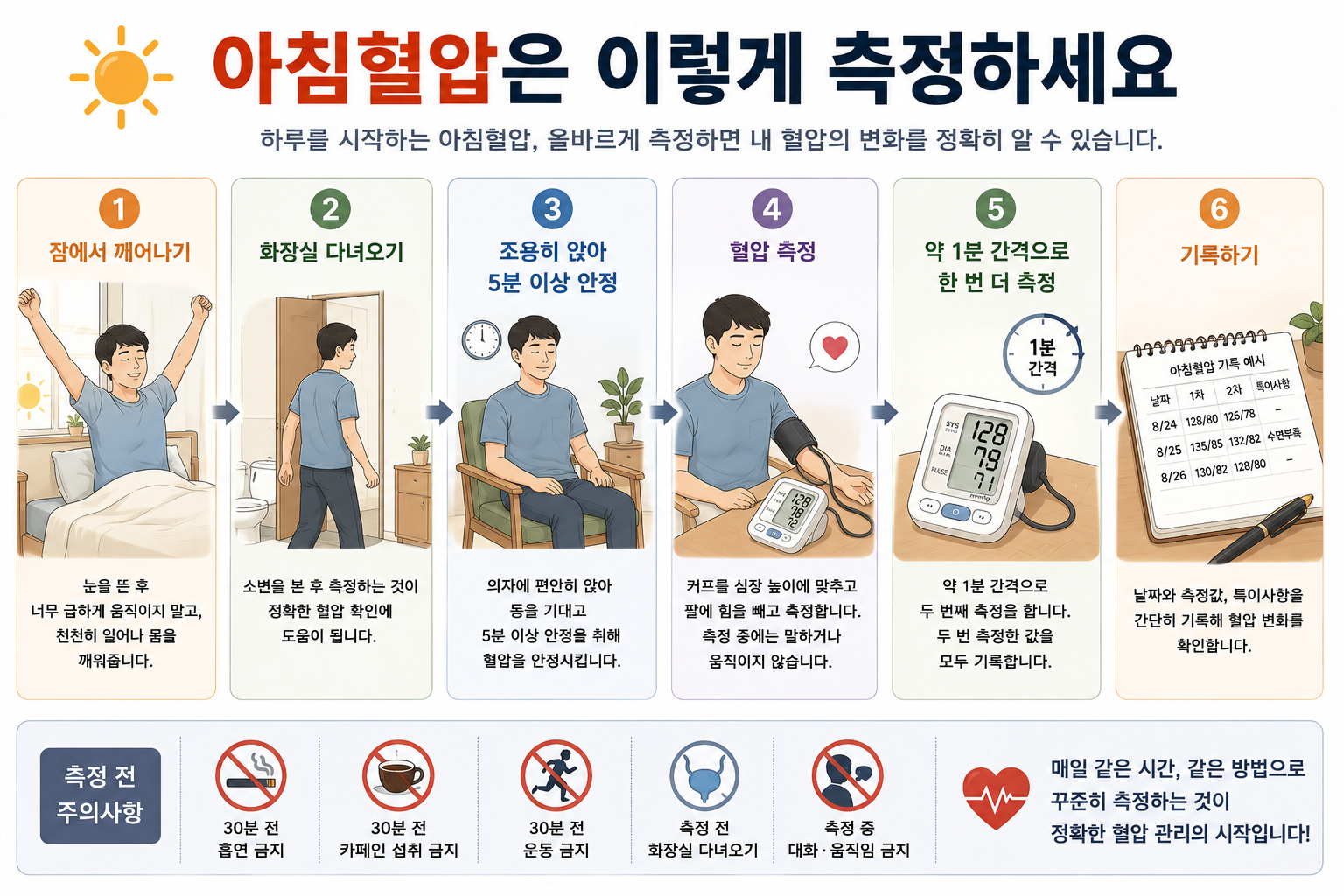 아침 가정혈압 측정 전 준비와 일정한 조건에서 기록하는 방법