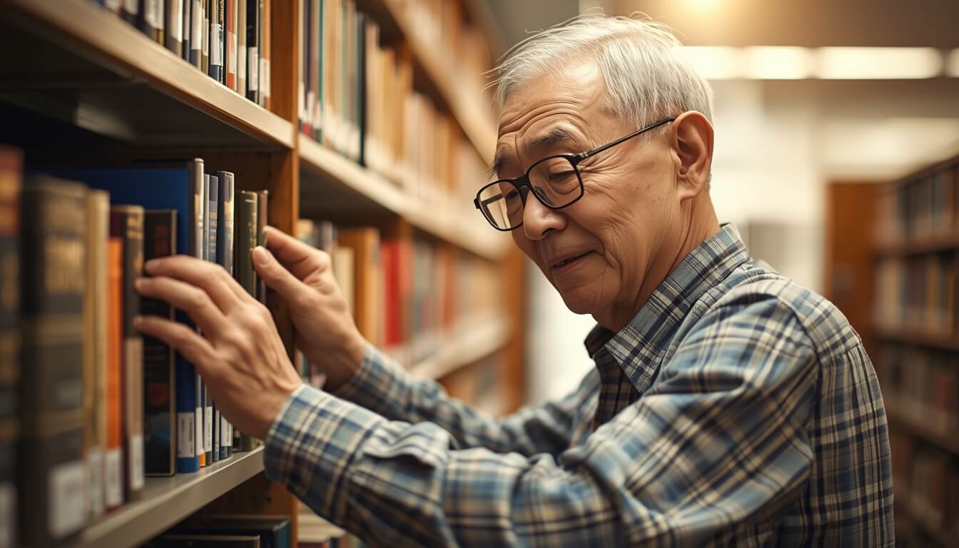 도서관에서 사회서비스형 노인일자리에 참여하여 책을 정리하는 어르신