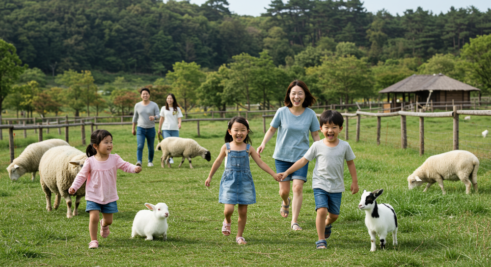 아이와 함께 동물을 만지는 제주 가족 여행 풍경