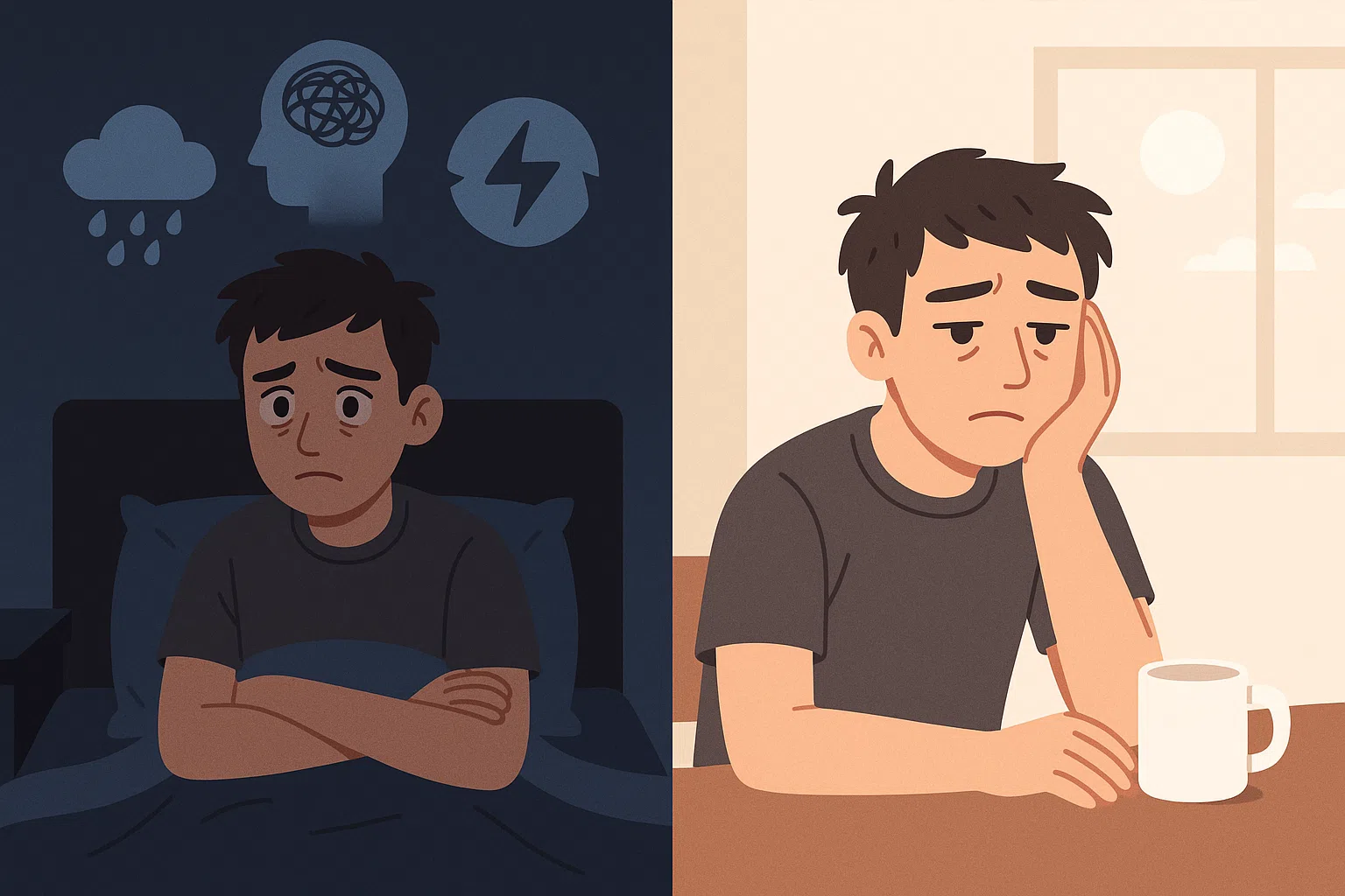 어두운 방에서 잠을 못 이루는 사람, 뒤에는 우울·불안·스트레스 아이콘이 겹쳐 떠 있는 모습, 낮에는 피곤하고 무기력해 보이는 장면이 함께 배치