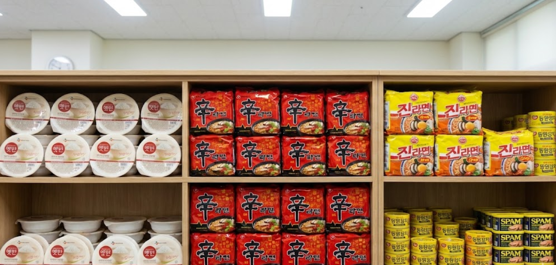 센터 선반에 정갈하게 놓인 라면, 통조림, 즉석밥 등 식료품들